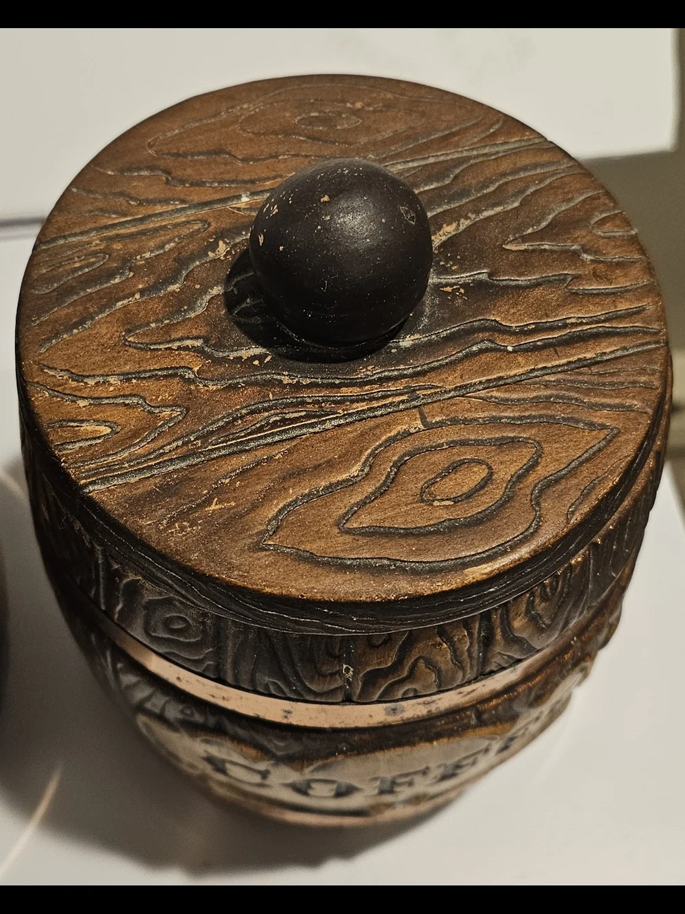 Vintage Treasure Craft Wood Grain Barrel Ceramic Canisters - Brown & Gold